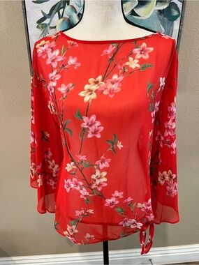 Susan Graver Red Floral Tie-Hem Blouse